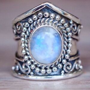 💎008💎 925 Silver Vintage Style‎ Blue Rainbow Moonstone Wide Band Ring